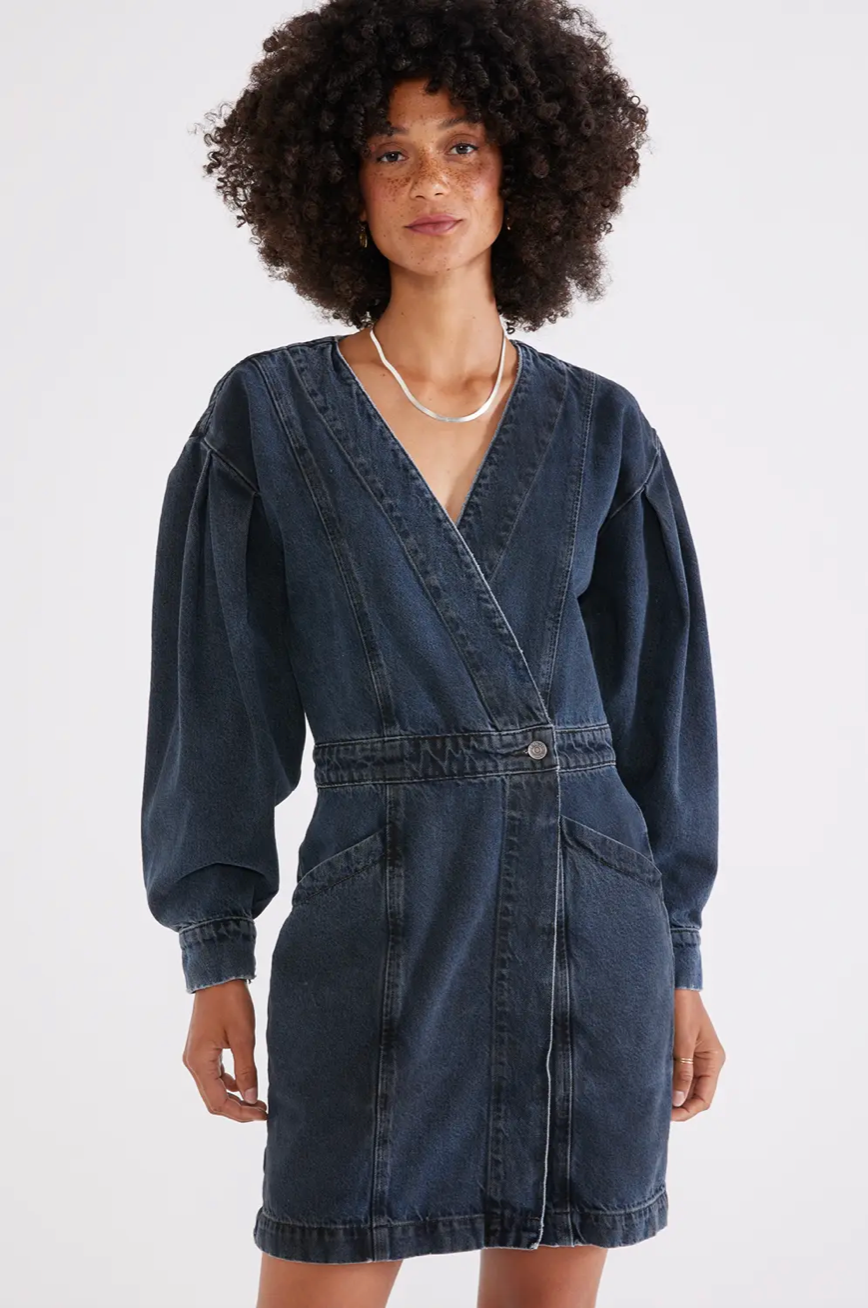Etica Mira Dark Wash Denim Wrap Mini Dress S / Denim Etica Mira Dark Wash Denim Wrap Mini Dress S / Denim