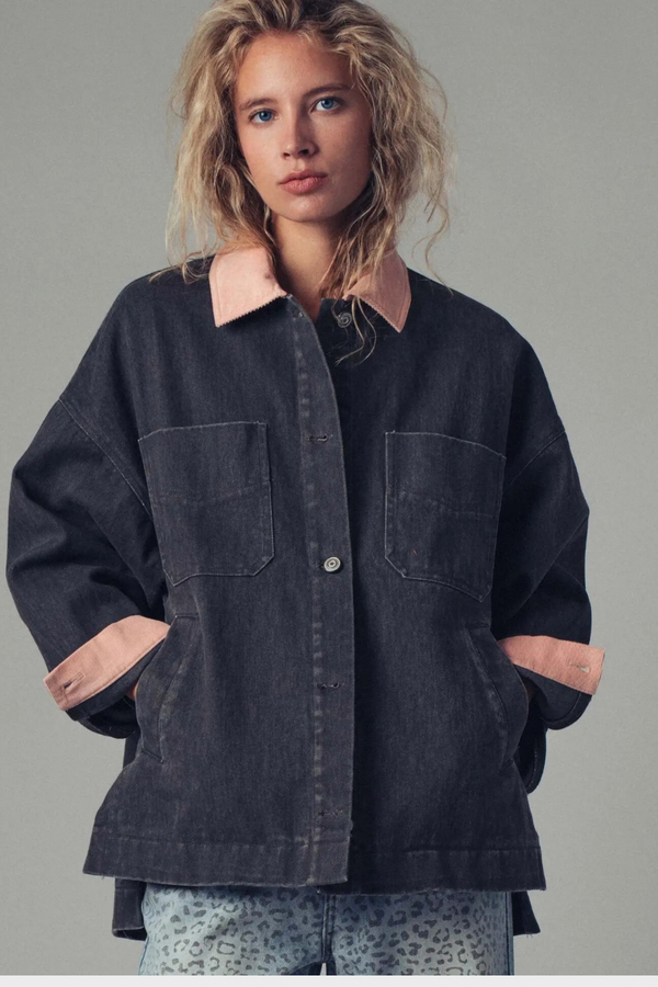 Contrast Collar Oversized Corduroy Jacket