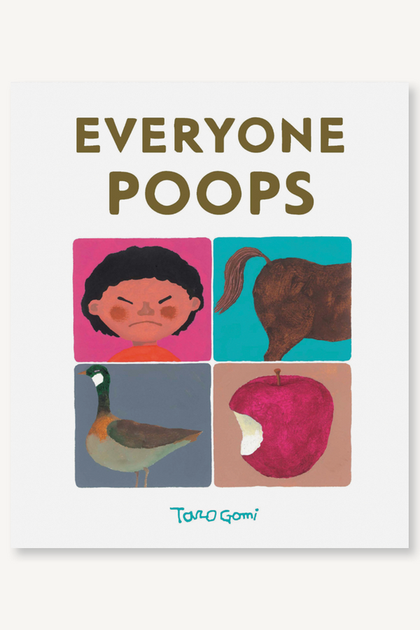 The cover of the book 'Everyone Poops' featuring illustrations of an angry-looking child, an elephant, a duck, and an apple, arranged in a 2x2 grid with the title text at the top.