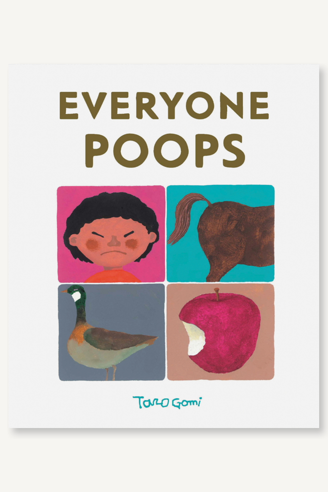 The cover of the book 'Everyone Poops' featuring illustrations of an angry-looking child, an elephant, a duck, and an apple, arranged in a 2x2 grid with the title text at the top.