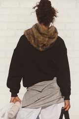 Person wearing a black sweater with a fur-lined hood against a white wall