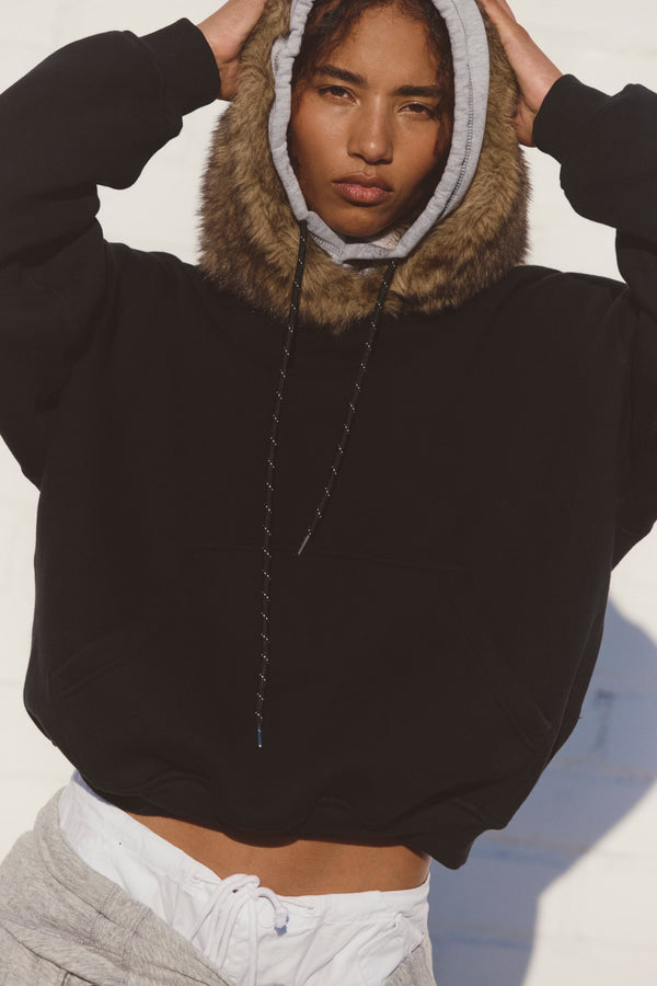 Person wearing a black hoodie with a fur-lined hood against a white background