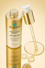 Rejuvenating serum bottle with dropper on a beige background