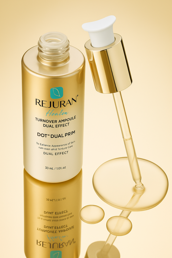 Rejuvenating serum bottle with dropper on a beige background