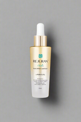 Rejuvenating serum bottle with gold cap on a white background