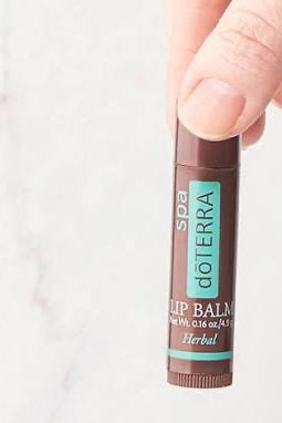 DoTerra lip balm held by a hand on a white background