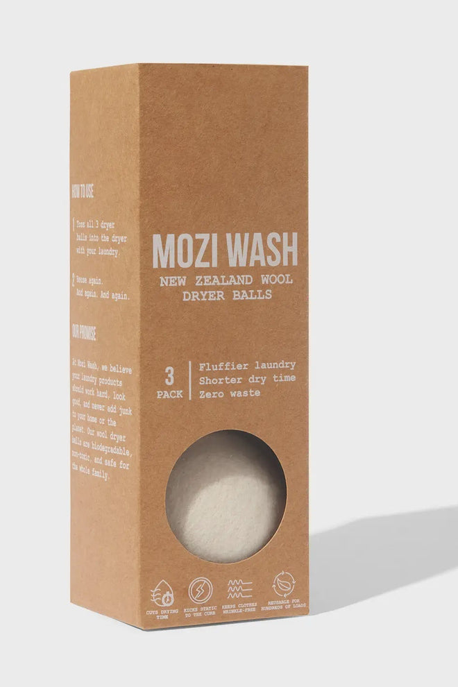 Mozi Wash dryer balls packaging on a white background