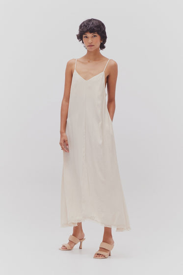 Raw Edge Detail Satin Midi Dress