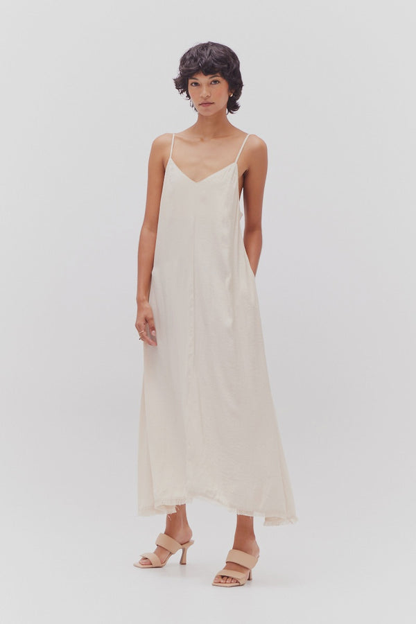 Raw Edge Detail Satin Midi Dress