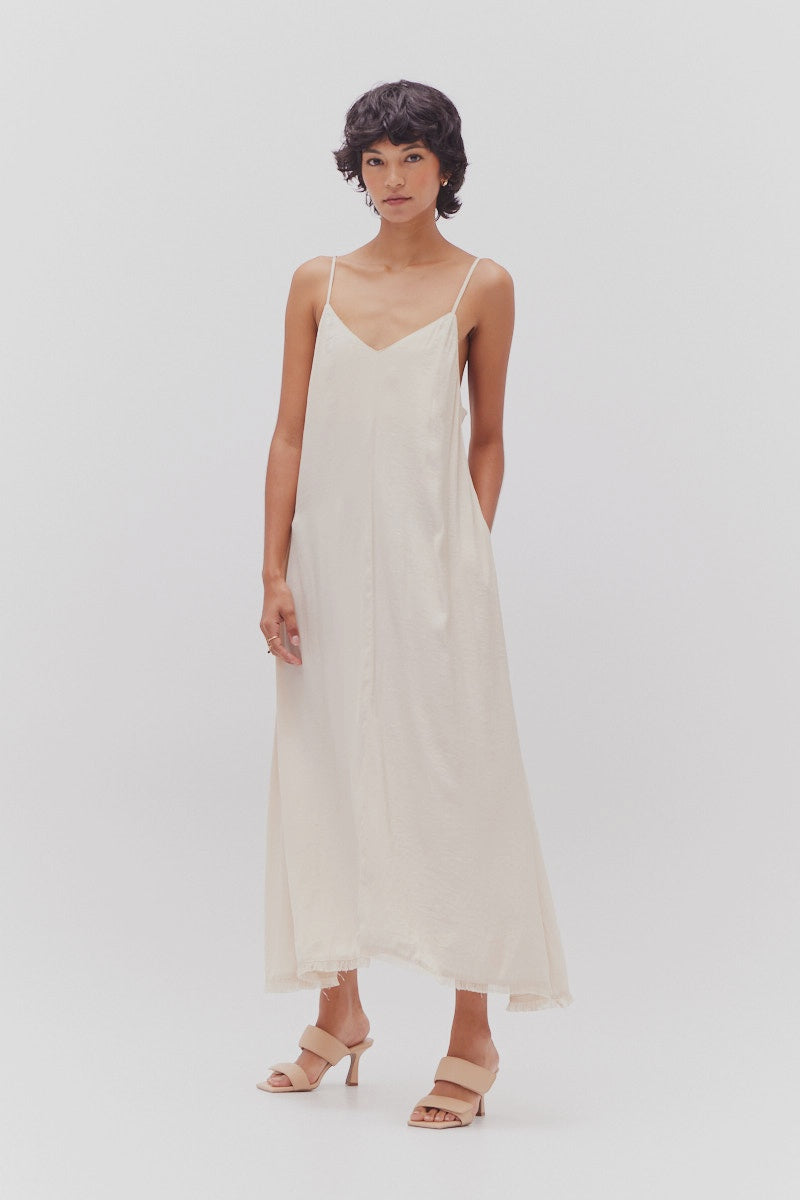 Raw Edge Detail Satin Midi Dress