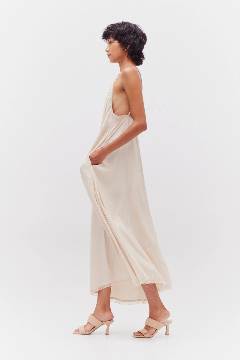Raw Edge Detail Satin Midi Dress