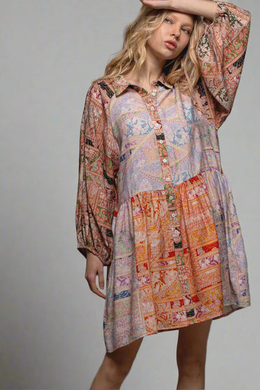 Retro Bohemian Balloon Sleeve Mini Dress