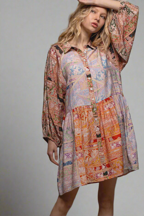 Retro Bohemian Balloon Sleeve Mini Dress