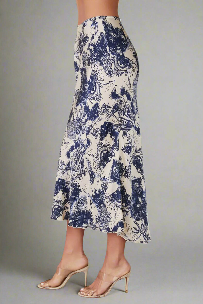 Tropical Print Silky Midi Skirt