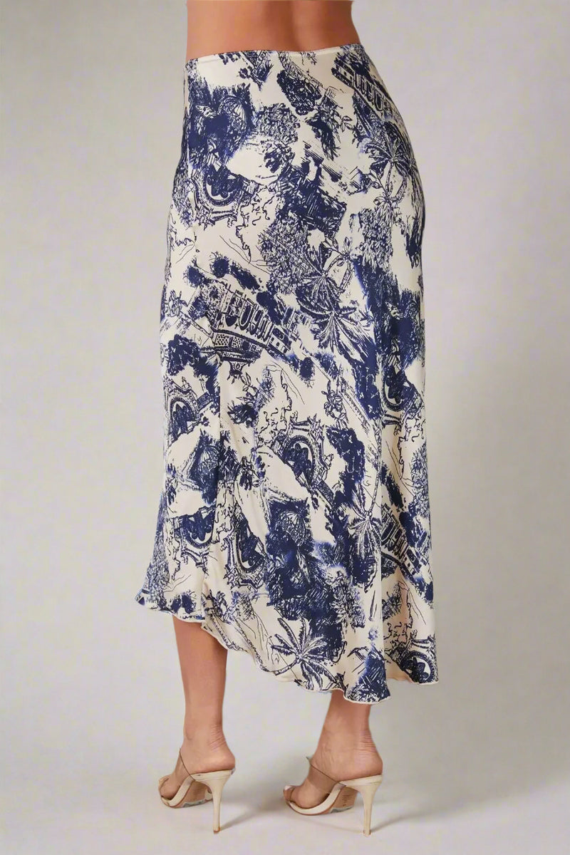 Tropical Print Silky Midi Skirt
