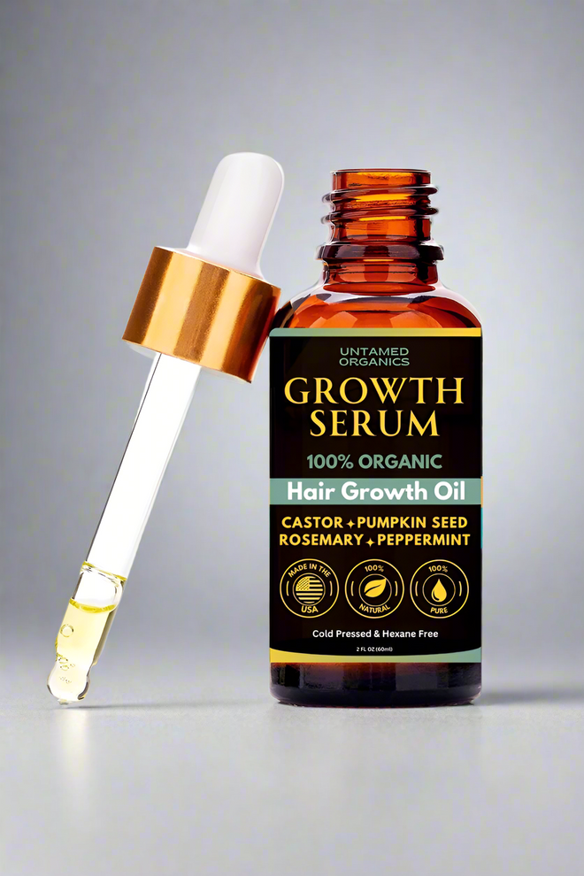 Hair growth serum bottle with dropper on a white background