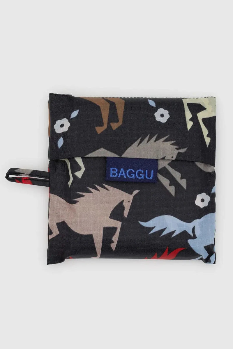 Foldable shopping bag with horse design and 'BAGGU' branding on a light gray background
