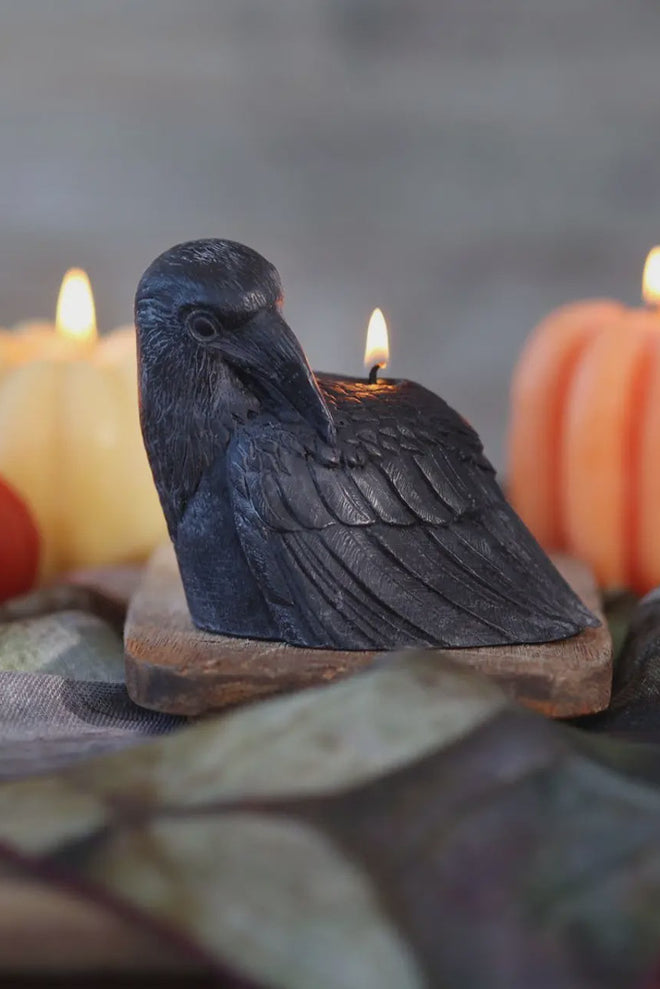 Candle-shaped raven with pumpkin candles in the background
