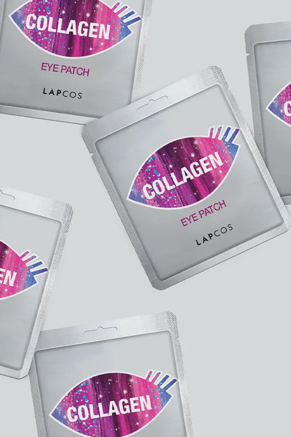 Collagen eye patch packages with visible branding on a light gray background