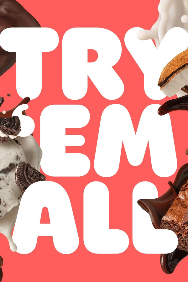 Dessert items with 'Try Em All' text on a red background