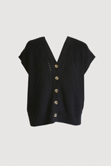 Black ribbed knit vest with button details on a light gray background