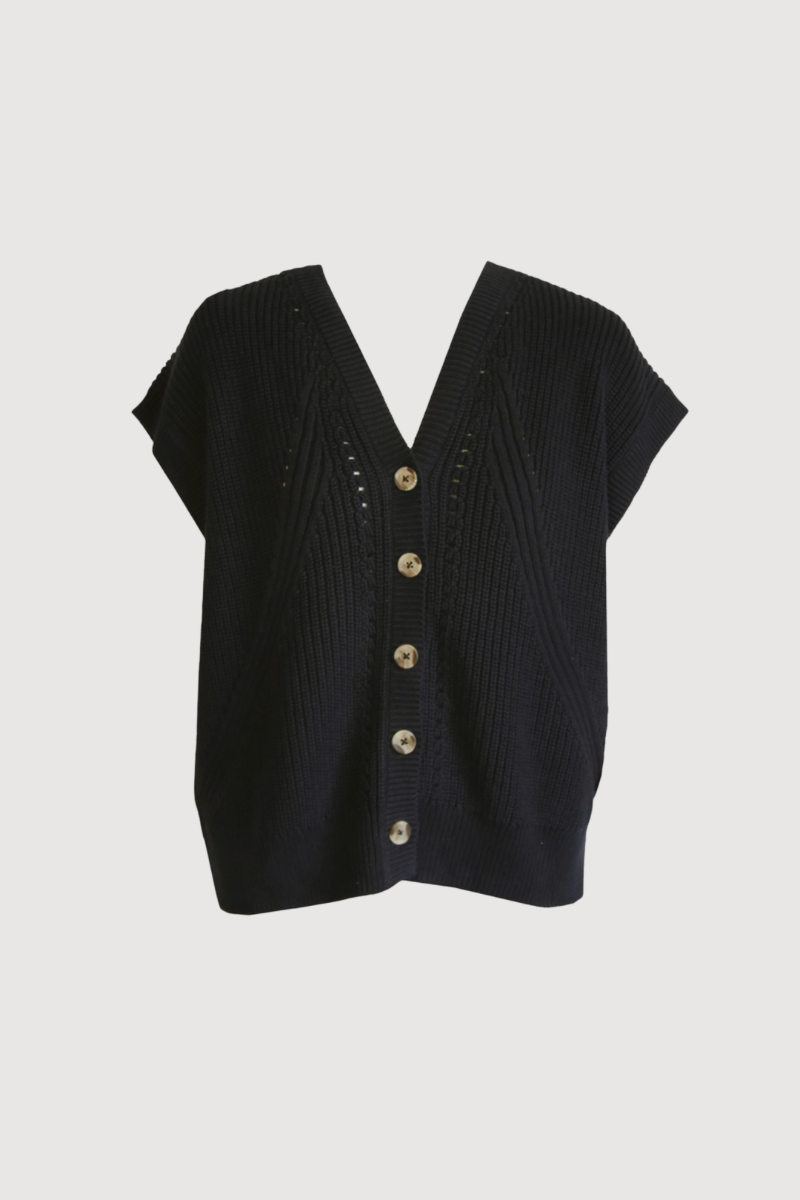 Black ribbed knit vest with button details on a light gray background