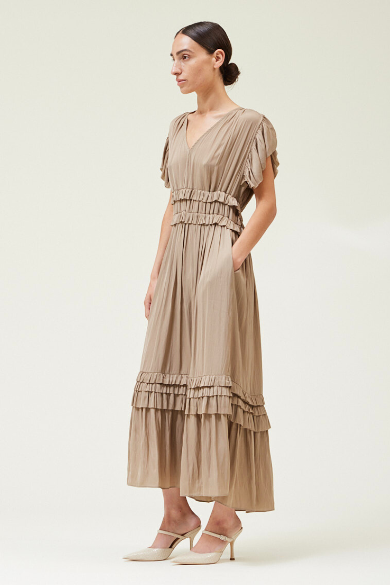 Ruffled Satin V- Neck Dress