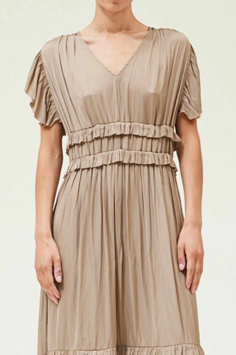 Ruffled Satin V- Neck Dress
