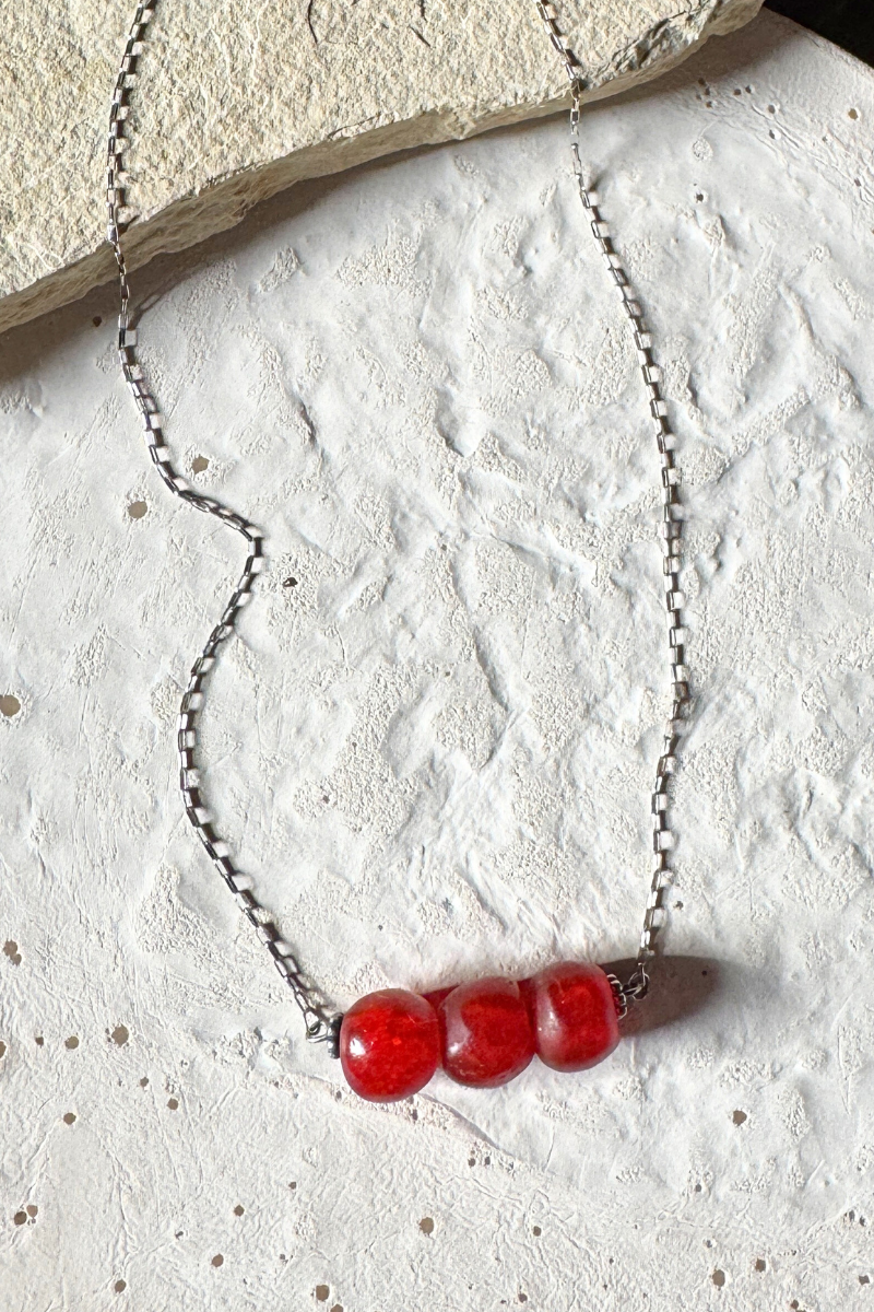 Trio African Red Glass Bead Necklace