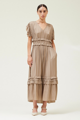 Ruffled Satin V- Neck Dress