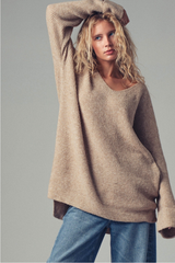 Oversized Knit V-Neck Sweater Tunic Top