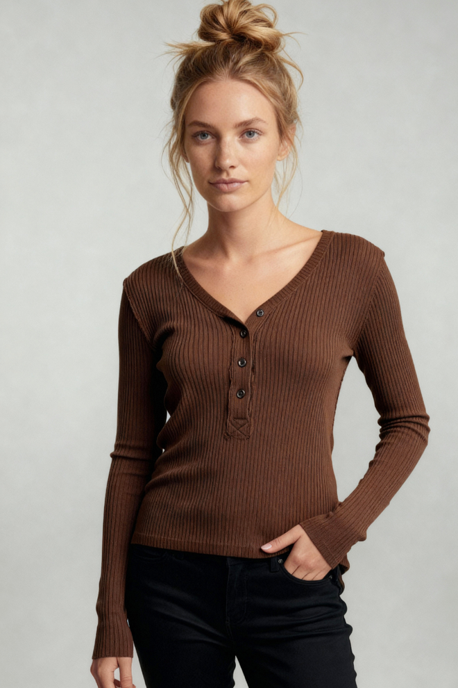 Ribbed Henley Long Sleeve Top