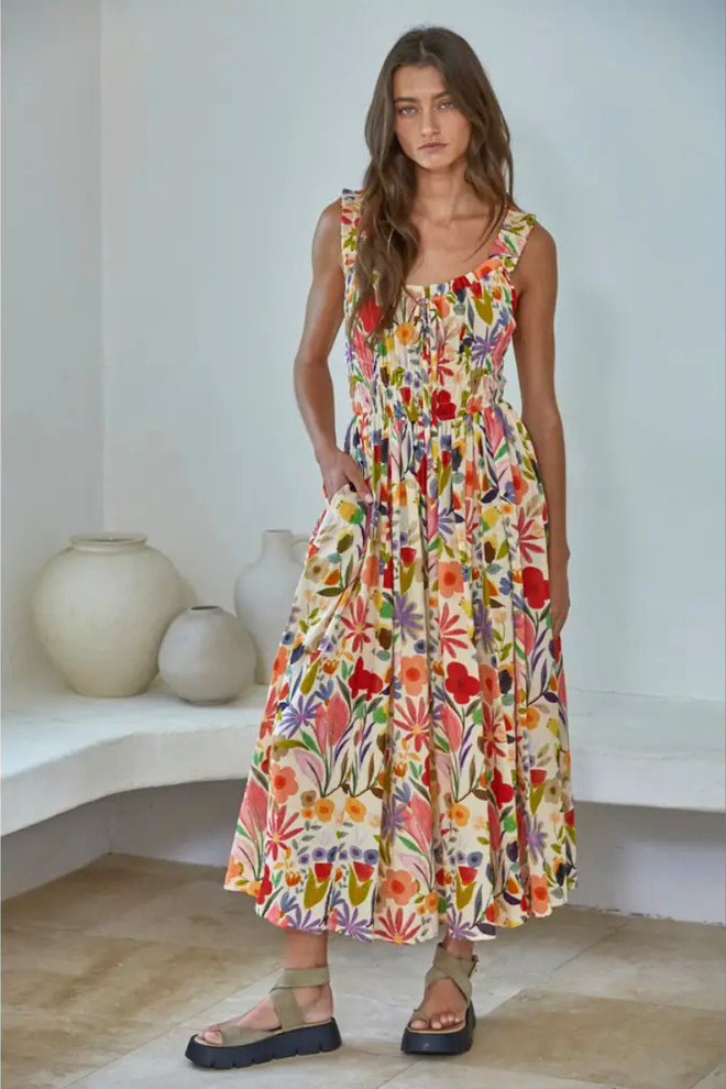 Woven Floral Print Sleeveless Dress