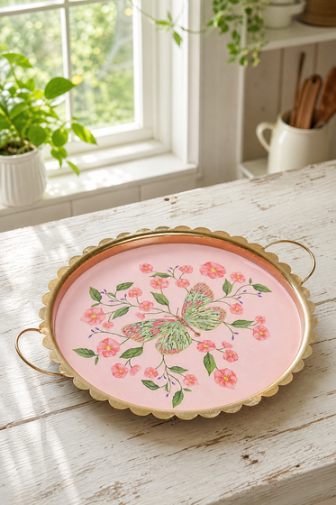 Butterfly Pattern Scalloped Round Serving Tray