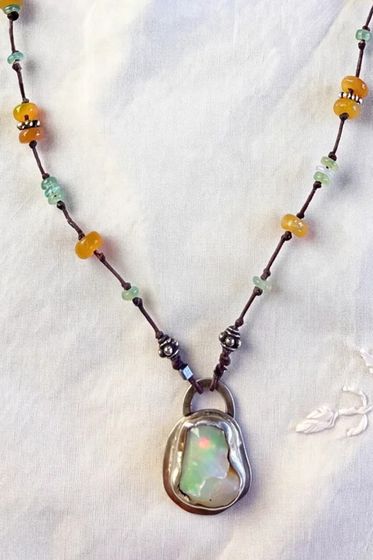 Ethiopian Opal + Linen Necklace