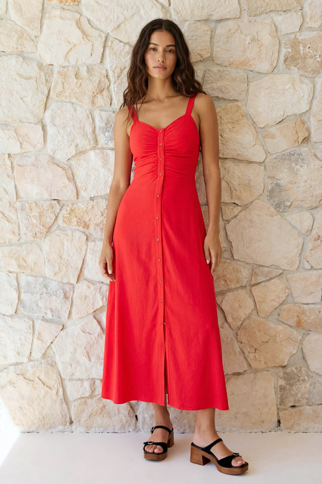 Ruched Button Down Maxi Dress