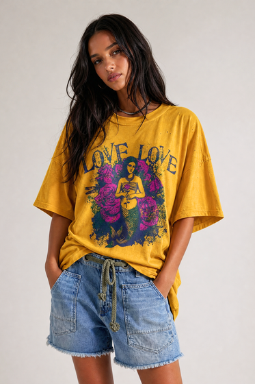 Distressed Tee with "Love Love" Type & Mermaid Graphic