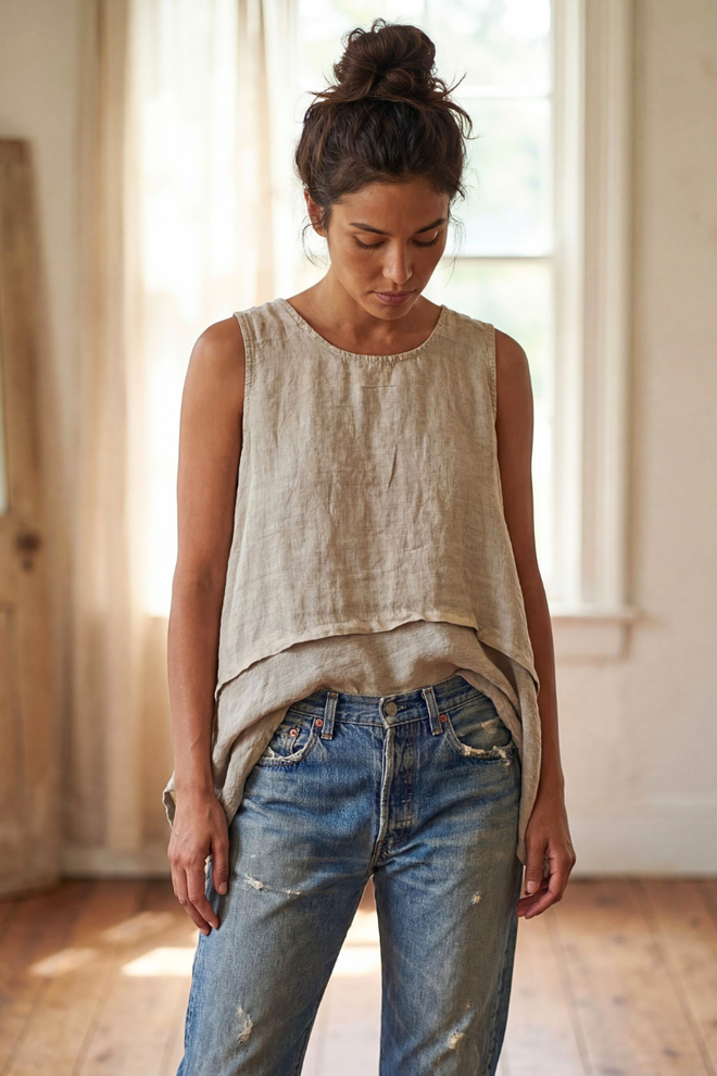 Linen Deep Crew Top