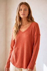 Waffle Textured Back Detailed Long Sleeve Top