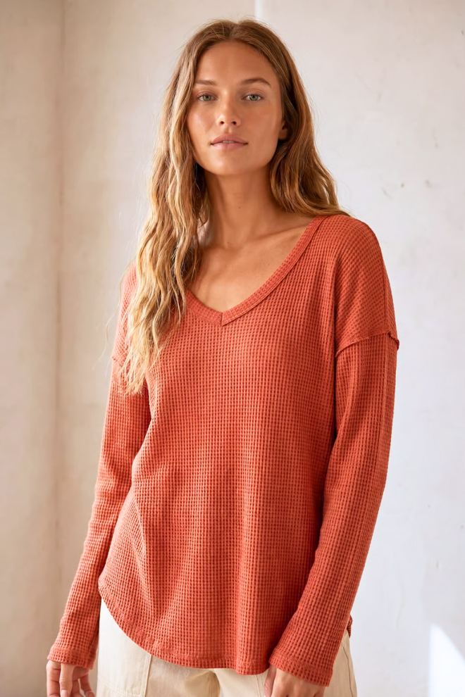 Waffle Textured Back Detailed Long Sleeve Top