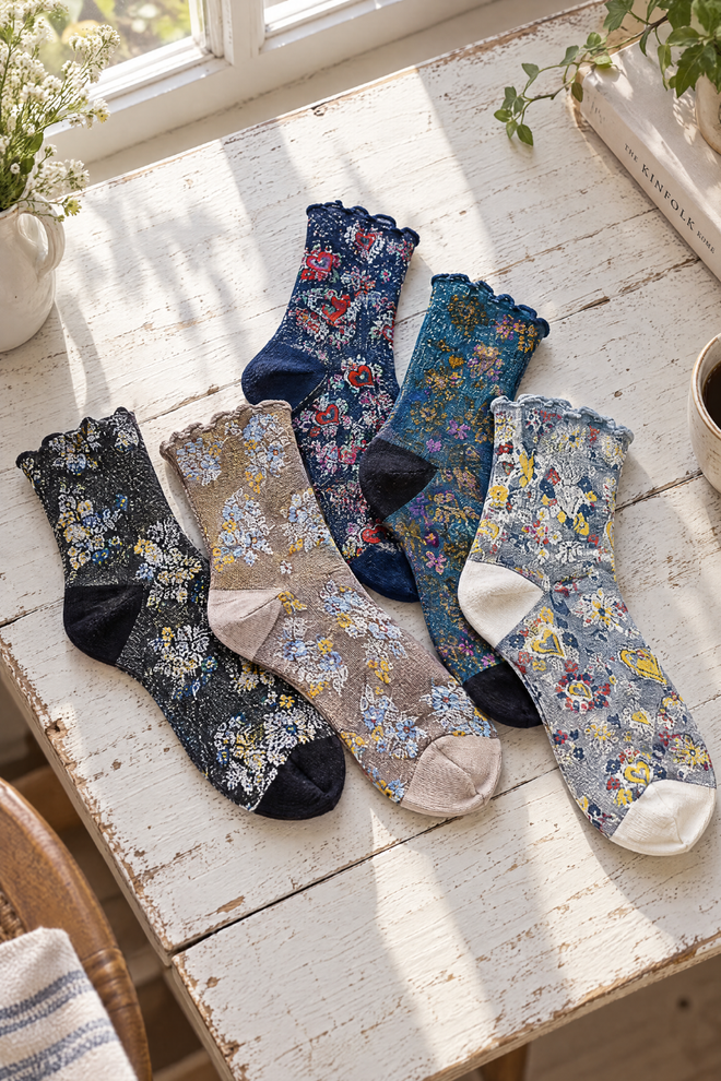 Vintage Floral Print Ribbed Ruffle Cuff Knit Crew Socks
