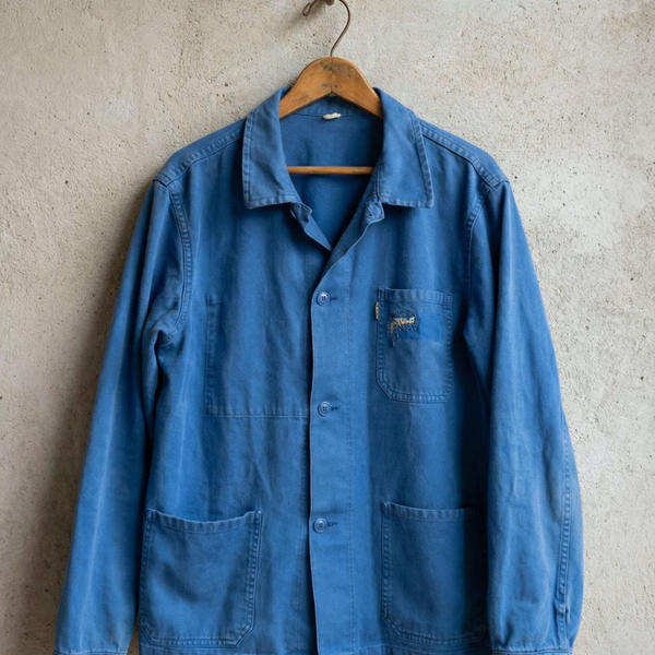 Unisex Lancois Patched Indigo Vintage French Workwear Jacket
