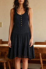 French 1970s Black Cotton Lace Boho Dress