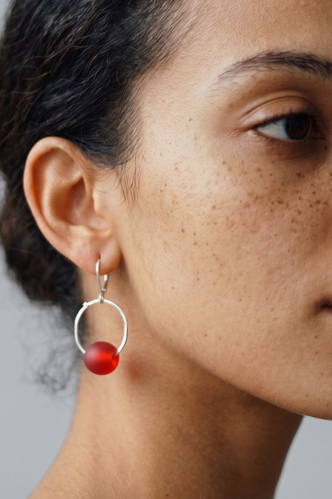 Red African Glass Bead Hoop Earring