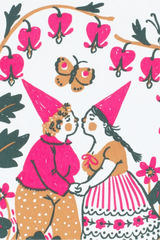 Illustration of two people in pink hats holding hands with flowers and butterflies around them.