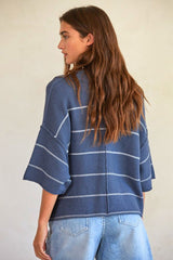 Knit Sweater Striped V-Neck Collared Top