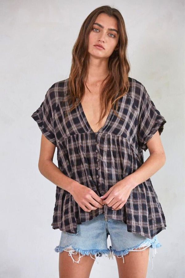 Woven Cotton Plaid Plunged V-Neck Top