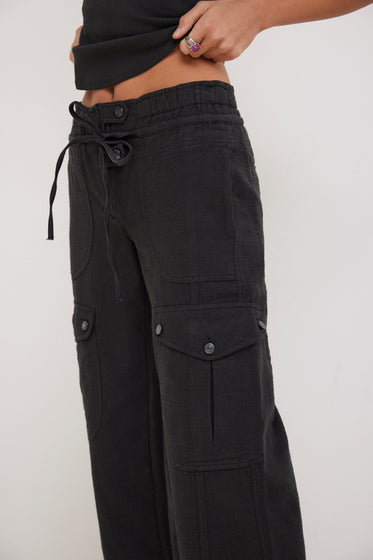Black cargo pants with a white background