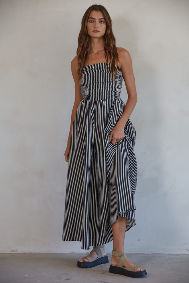 Striped Tube Neck Strapless Flare Maxi Dress