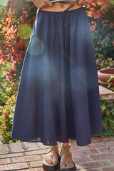 Woven Cotton Waist Drawstring Flare Midi Skirt